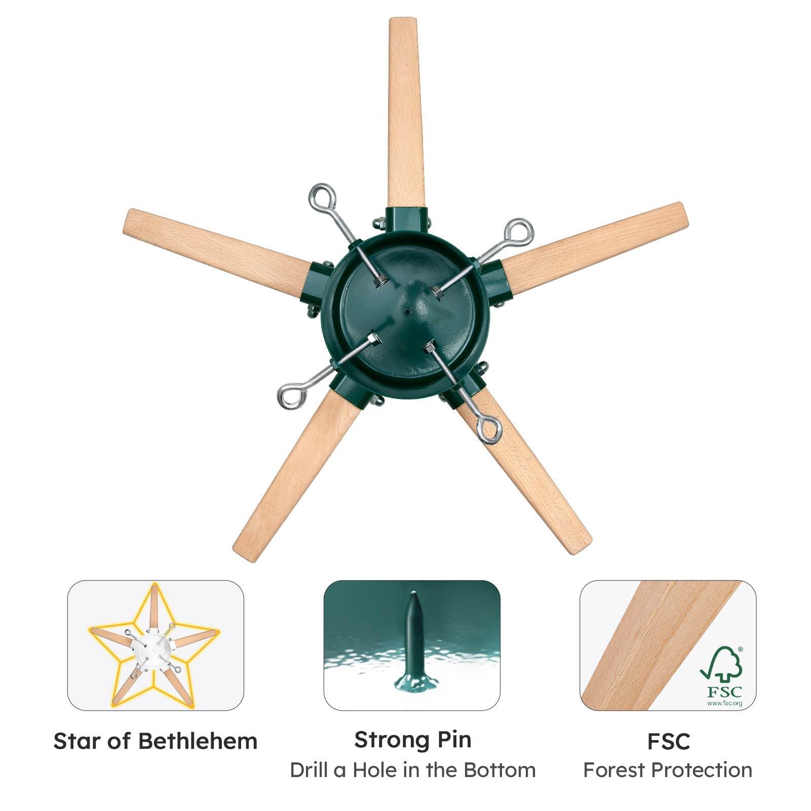 HarcoHome Soporte para árbol de Navidad de 5 patas de metal y madera de haya para árbol vivo, soporte de estrella para árbol de Navidad con pincho para árbol fresco de 8.5 pies, base de árbol para