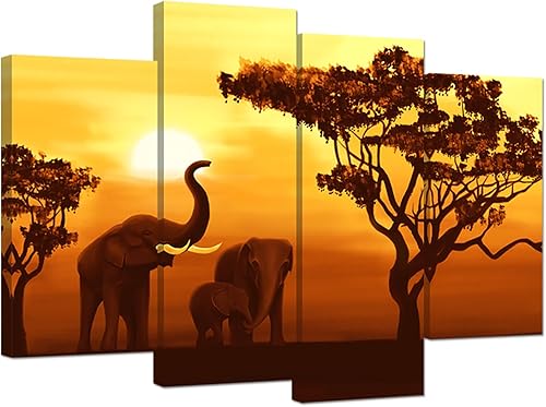 iHAPPYWALL Lienzo de 4 paneles con diseño de elefantes africanos para la pared, diseño de elefante, puesta de sol, bosque, ilustraciones de animales