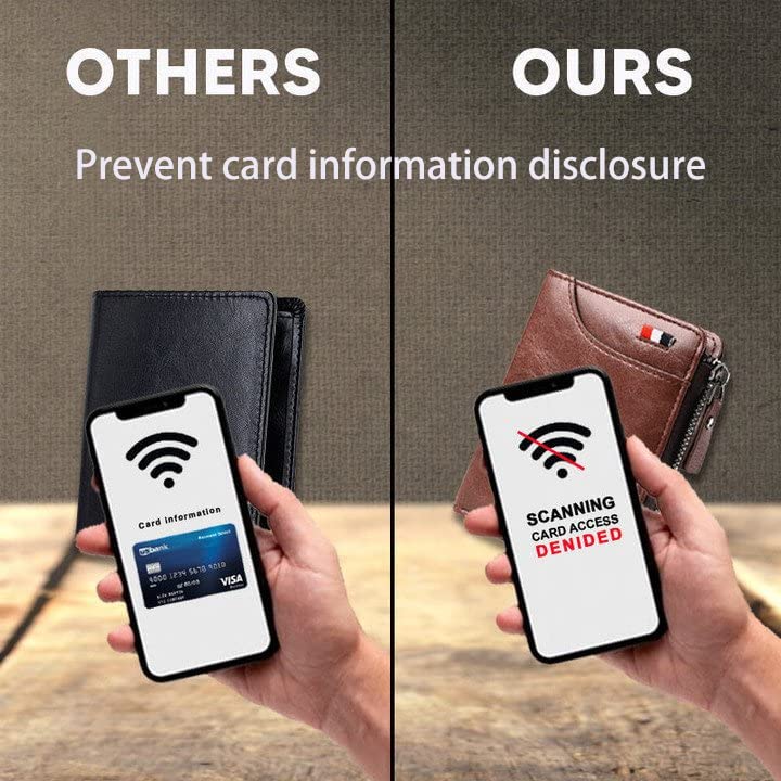 2023 New Multi-functional RFID Blocking Waterproof Durable PU Leather Wallet， Soft Slim Genuine Leather RFID Blocking Wallet，Large Capacity Zipper Wallets for Men Holds 1-14 Cards (C-brown)4