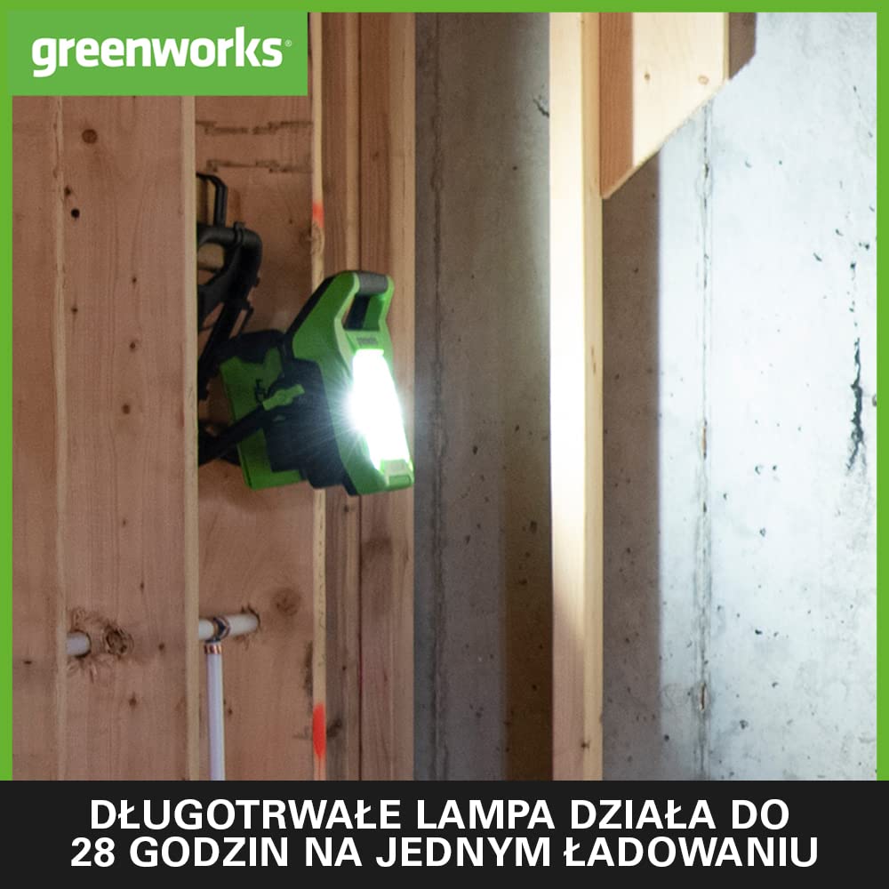 Greenworks G24WL Akumulatorowa Lampa Robocza Hybrydowa AC/DC z Hakiem do Zawieszania, Kabel Zasilający AC lub Przenośna Bateria, 2000 Lumenów, 2 Ustawienia Jasności BEZ Akumulatora 24V i Ładowarki