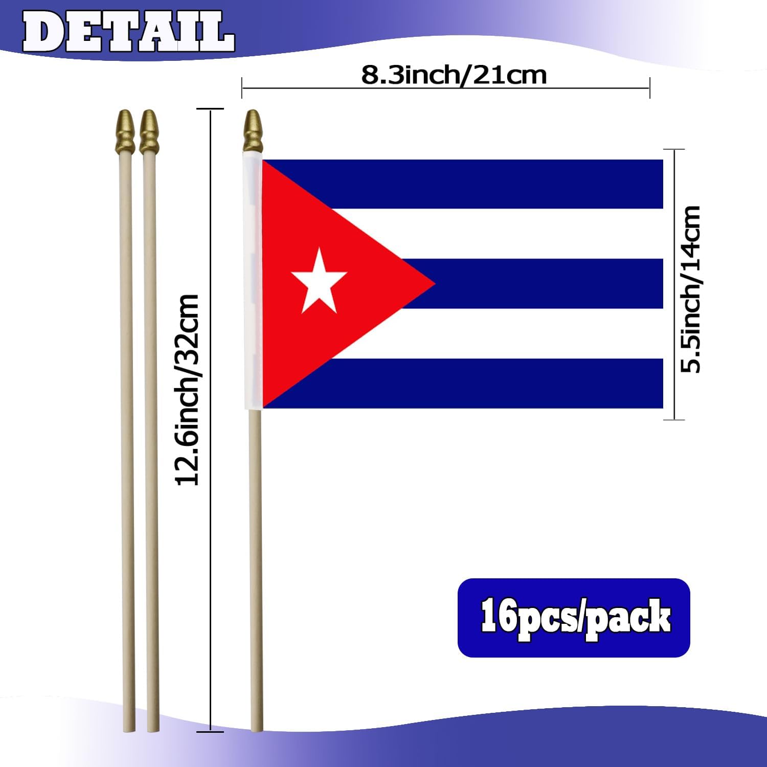 16 Pack Small Cuba Flags on Stick - Mini Cuban Flags with Kid-Safe Spear Top - 5x8 Inch Wooden pole Hand Held Stick Flags for Patriotic Decorations Parades Parties National Flags - Image 2