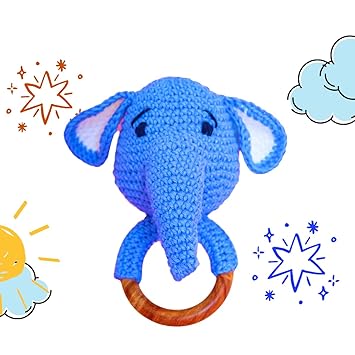 Love Crochet Art Animal Shape Crochet Rattle Cum Soft Toy for Infant, Kids & Babies, Early Age Gift Toys (Elephant)