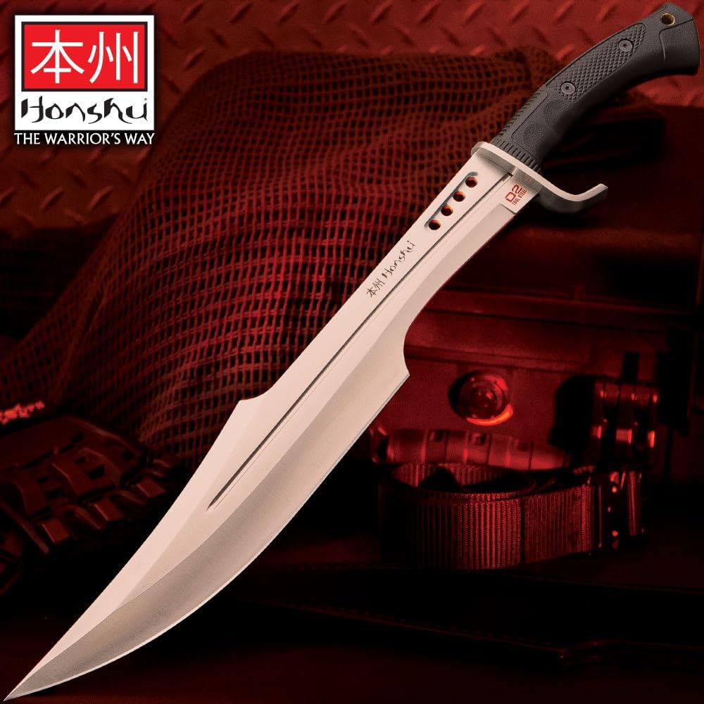 Honshu Spartan Sword and Scabbard - D2 | Battle Ready Full Tang | Tough D2 Steel Blade - 16.5” Length | Real Swords for Adults | 23” Overall
