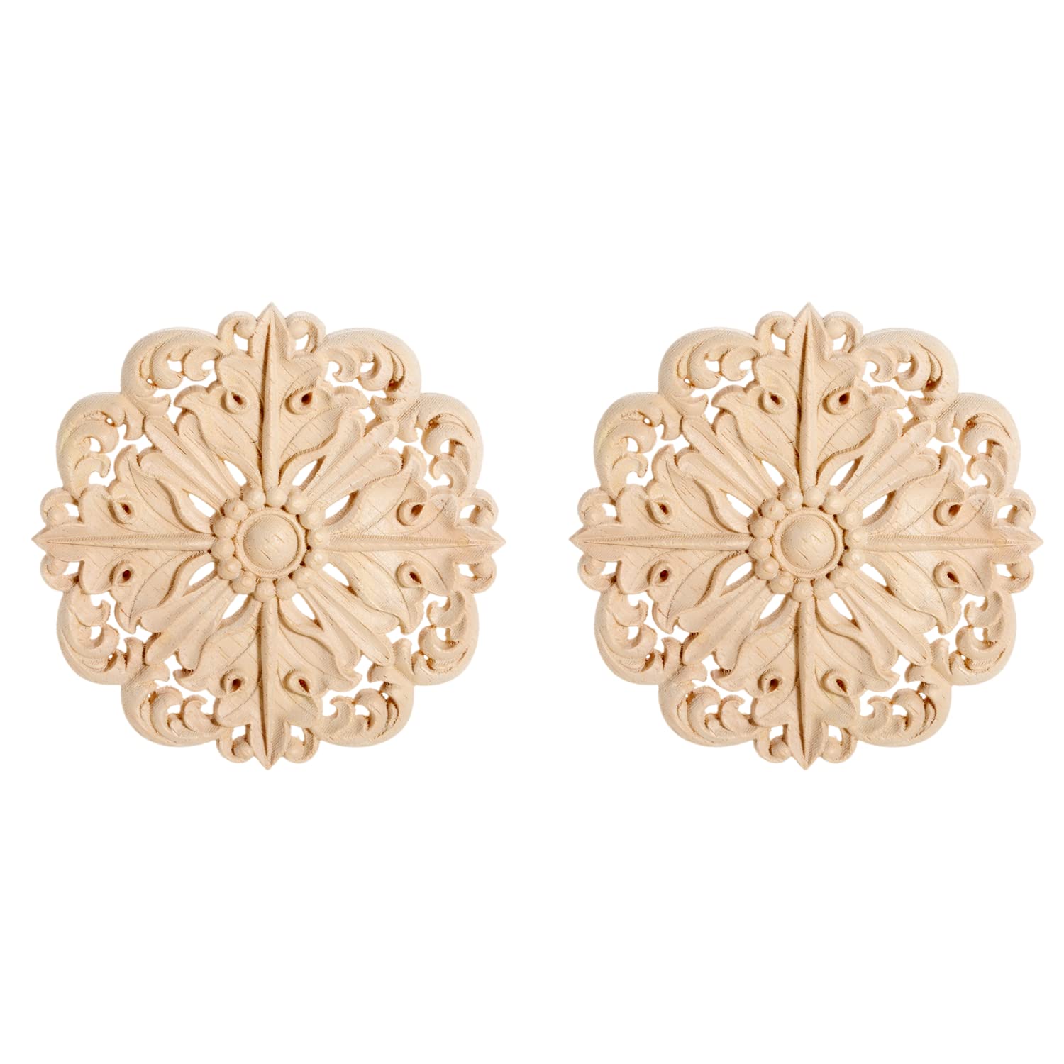 MUXSAMRetro Wood Carved Onlays Appliques, Round Solid Woodcarvings Center Decals for Closet Door Cabinet Drawer Wall Ceilling Dresser Wardrobe Crafts Decor(2-Pack, 15cm/6")