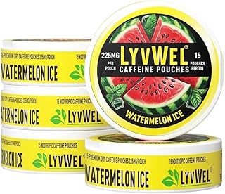 LyvWel 225mg Caffeine Energy Pouches – Watermelon Ice 5-Pack (75 Pouches) – Refreshing Energy & Focus – Guarana-Enhanced Clean Boost for Workouts & Grind