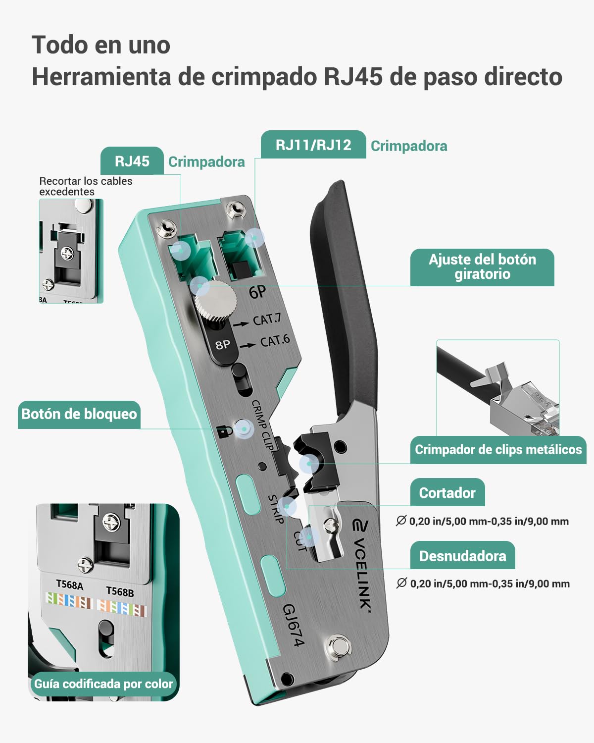 VCELINK Kit de Crimpadora RJ45 Profesional Compatible con CAT7/CAT6A/CAT6/CAT5E/CAT5, Incluye Comprobador RJ45, Pelacables, 20 x Conectores RJ45, Impacto RJ45, Alicates de Corte, Bolso de Tela
