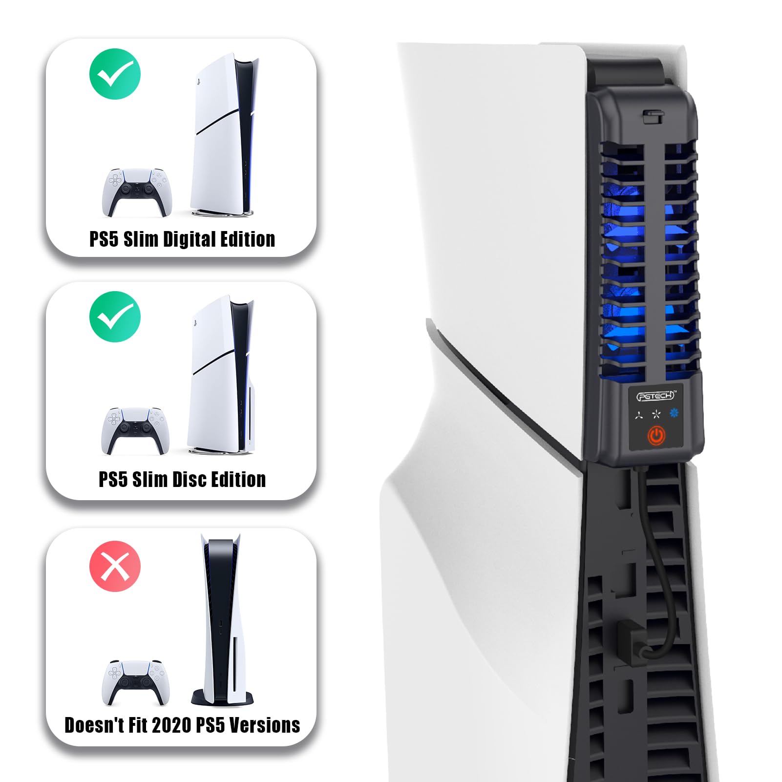 Ventilador PS5 Slim, Ventilador Silencioso Ajustable, Refrigeración PS5 Slim con Luz RGB y Puerto USB, Ventilador Eficiente para PS5 Slim Disc y Edición Digital