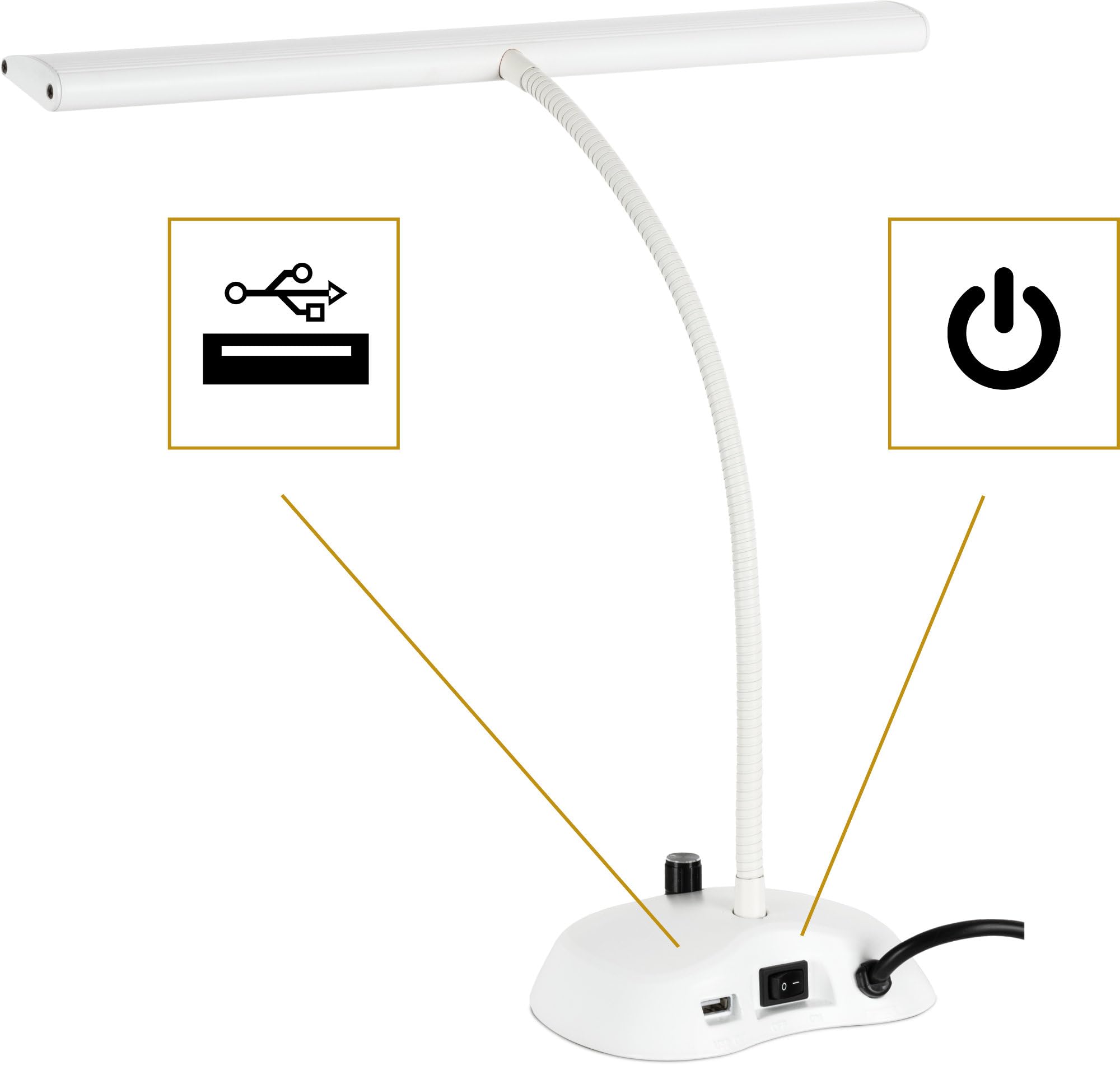 Classic Cantabile 12220 Lampada Da Pianoforte Dimmerabile Bianca - 36 LED luminose - Collo d'oca lungo 38 cm - Porta di ricarica USB integrato per smartphone o tablet - Bianca