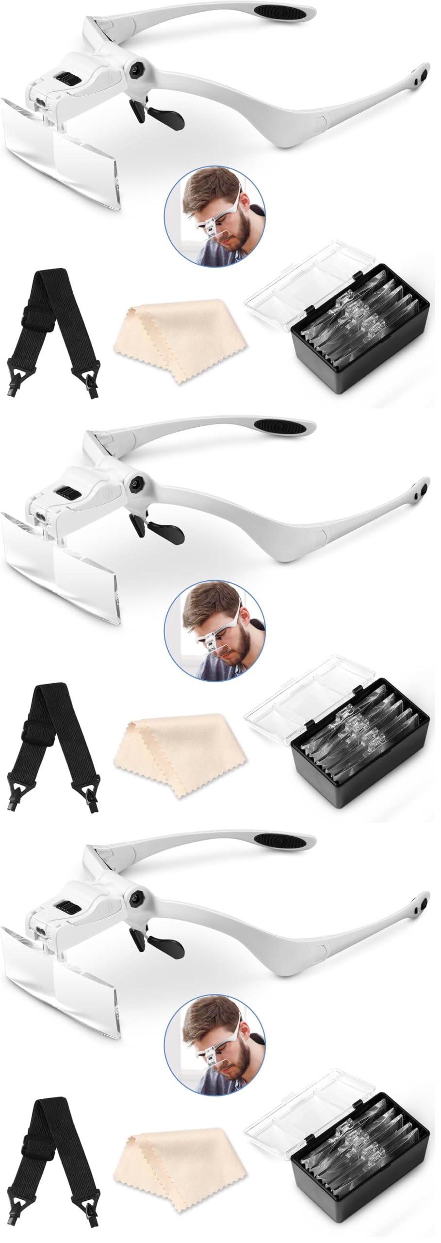 Vinabo Stirnband-Lupe mit LED-Licht, Kopflupe mit – 5 Abnehmbaren Linsen (1,0 x 1,5 x 2,0 x 2,5 x 3,5 x), für alle Präzisionsarbeiten, Lesen, Juwelier, Sticken, Nähen, Schmuck (Packung mit 3)