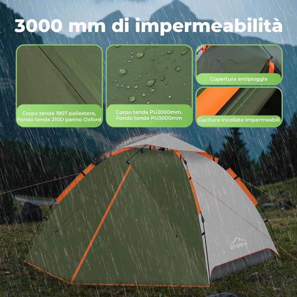 Tenda Campeggio 2-4 Persone,Tenda da Campeggio Automatica | Doppia Porta , Anti UV e Impermeabile, Interna ed Esterna 2 in 1, Adatto per il Campeggio, Escursionismo, Arrampicata