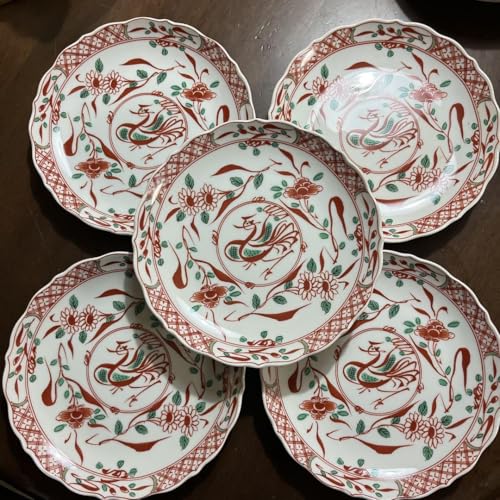 Tachiyoshi Red Flowers and Birds Medium Plates, Set of 5
