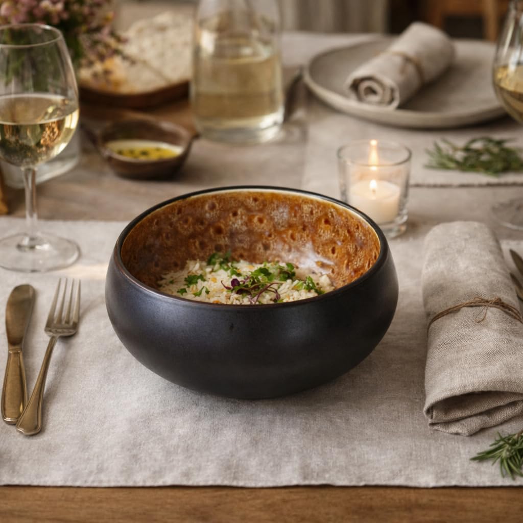 Bol Petit Dejeuner Assiettes Service de Table Céramique Bowls Grès de Qualité - Fait à la main - 4 pièces ∅ 15,5 cm-Résistant-va au lave-vaisselle micro-ondes - Vaisselle et arts de la table - Noir