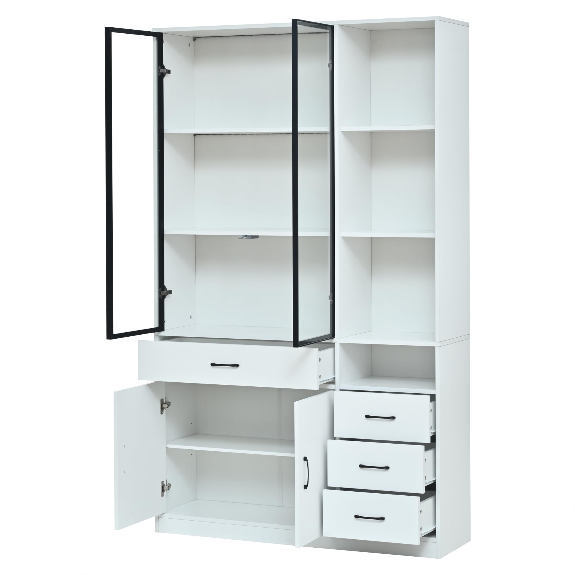 Kebnor Armario alto con vitrina de cristal y LED, estantería para libros con 13 zonas de almacenamiento, 4 cajones y puertas, armarios de almacenamiento, armarios de almacenamiento, adecuado para