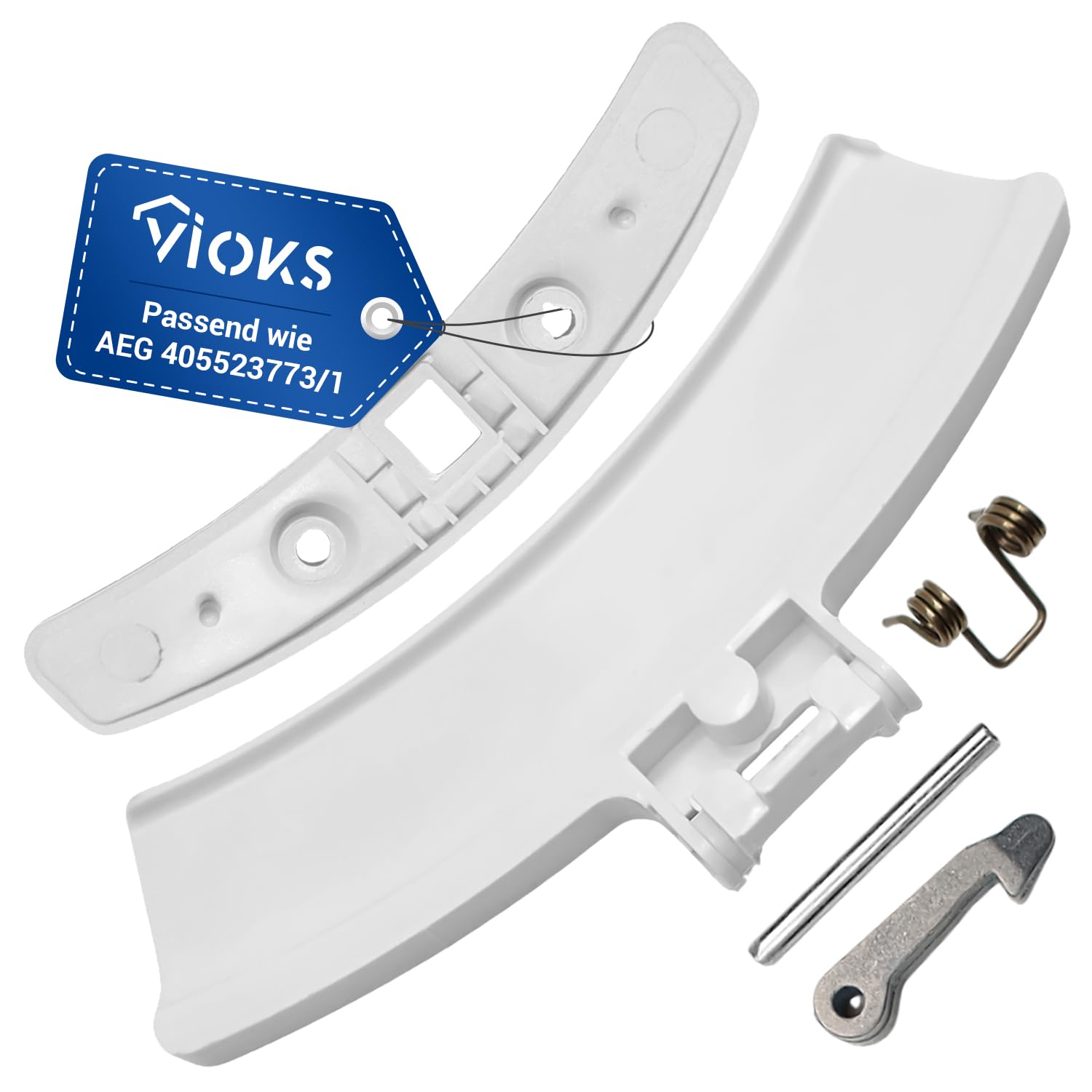 VIOKS Klamka drzwiowa z tworzywa sztucznego zamiennik do AEG 405523773/1 4055237731 405512363/4 4055123634 uchwyt suszarki, biały, zestaw z nasadką zamykającą, sprężyną do suszarki bębnowej