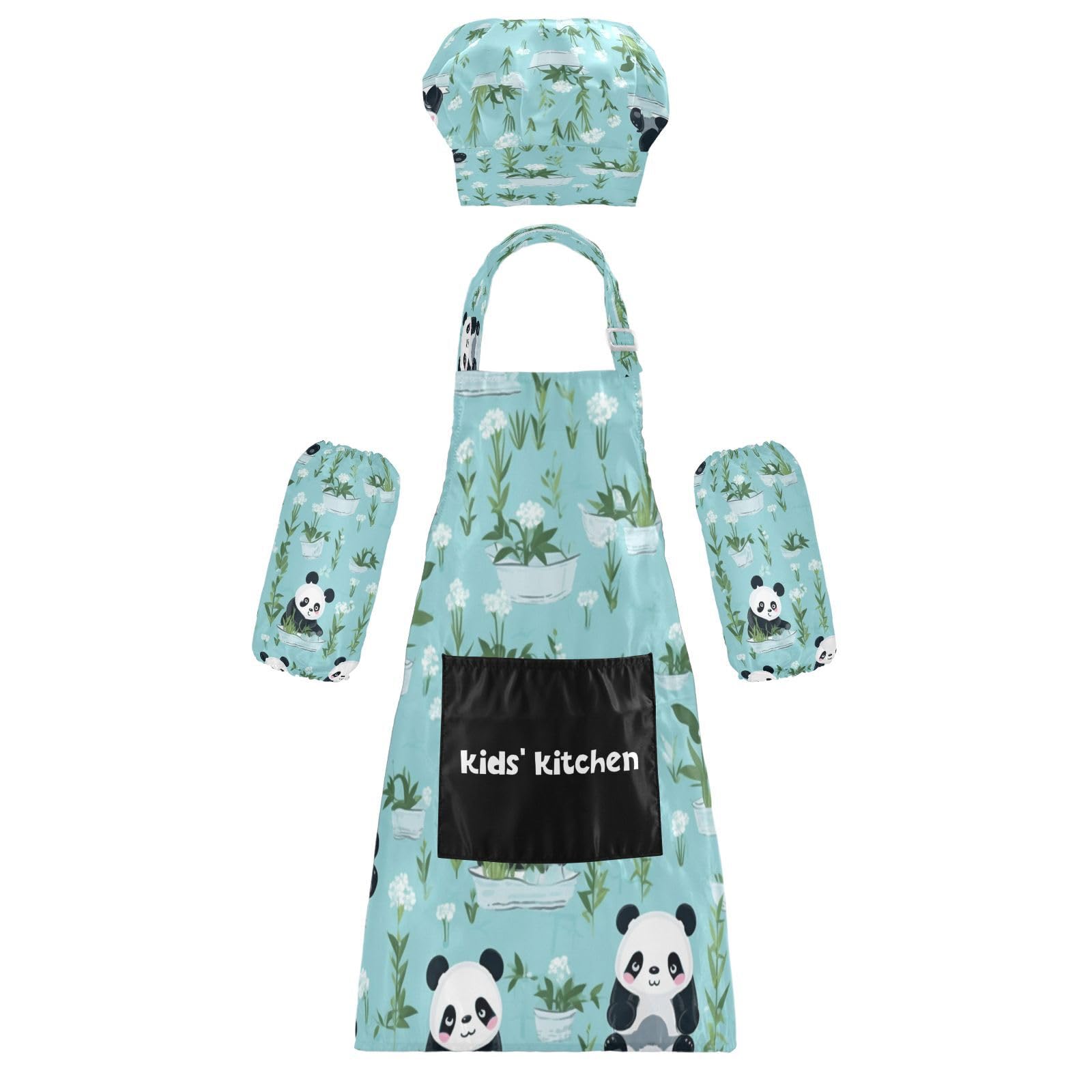 Bulletgxll Cartoon Panda Kids Apron and Chef Hat Set Adjustable Bib Aprons with Pockets for Cooking Baking Painting
