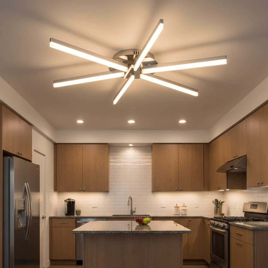 Trango 6 Flammen Sternförmig modern Design LED-Deckenleuchte 3154 Serie *STRAIGHT* 3-Stufen dimmbar I Leuchtarmen schwenkbar I Deckenstrahler 6x 5 Watt LED Modul 3000K warm-weiß Nickel matt & Chrom