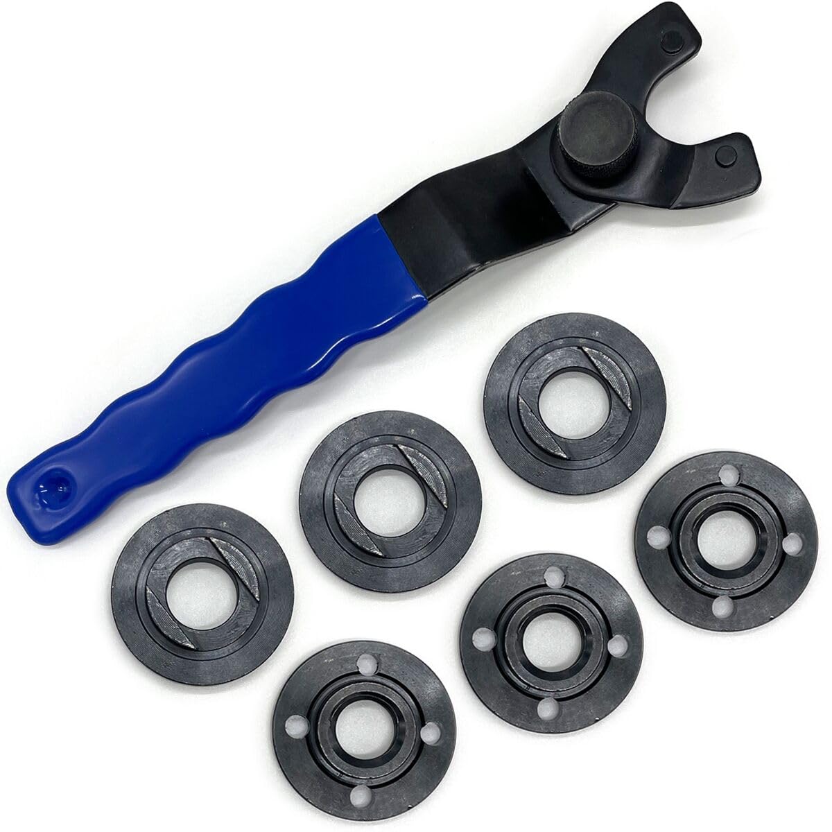 Grinder Angle Spanner Wrench Flange Nut, 4.5 Inch 5 Inch 5/8-11, 1PC Pin Spanner Grinder Lock-Nut Grinder Wrench and 6PCS Flange Nuts