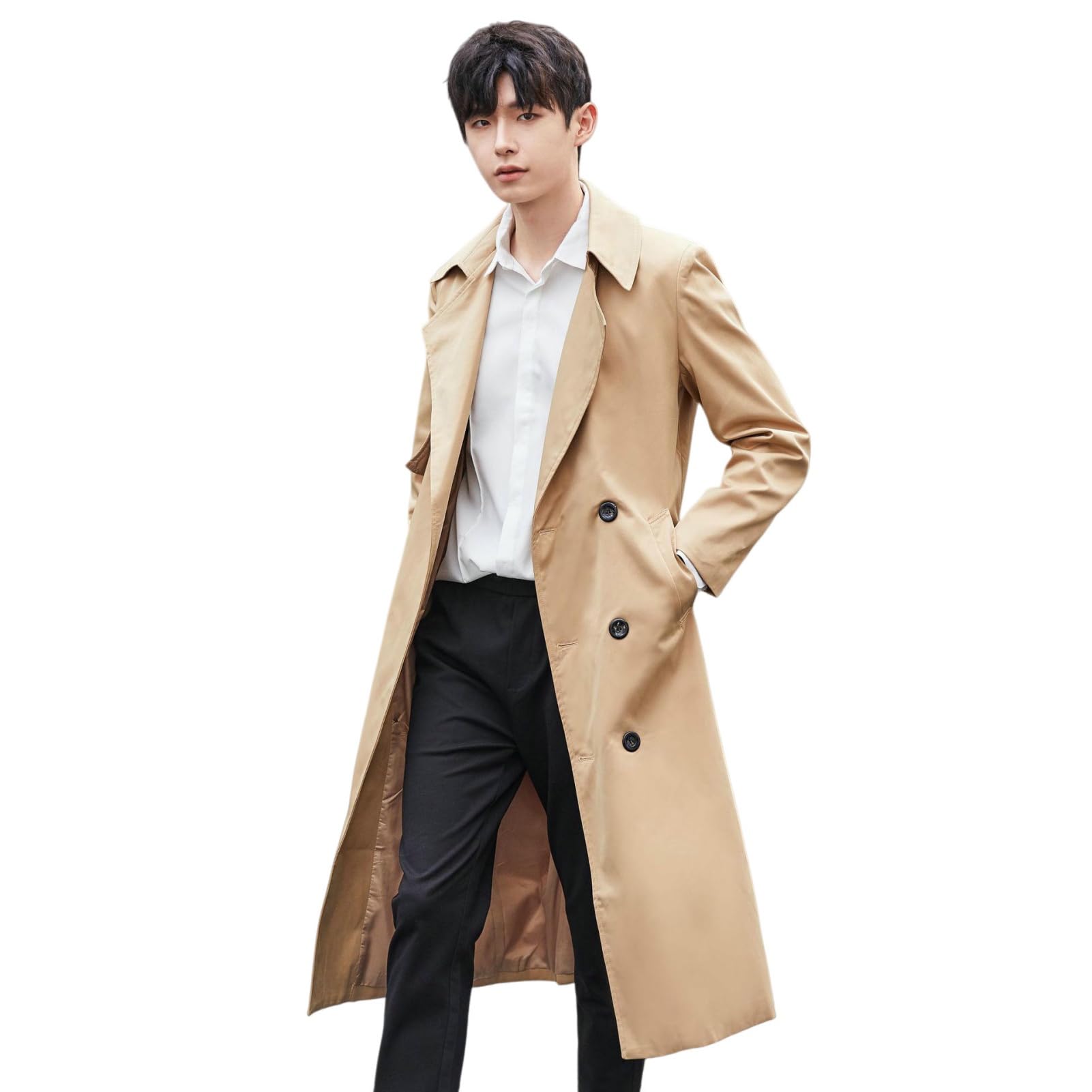 Gabardina larga caqui para hombre estilo coreano holgado talla XS 6