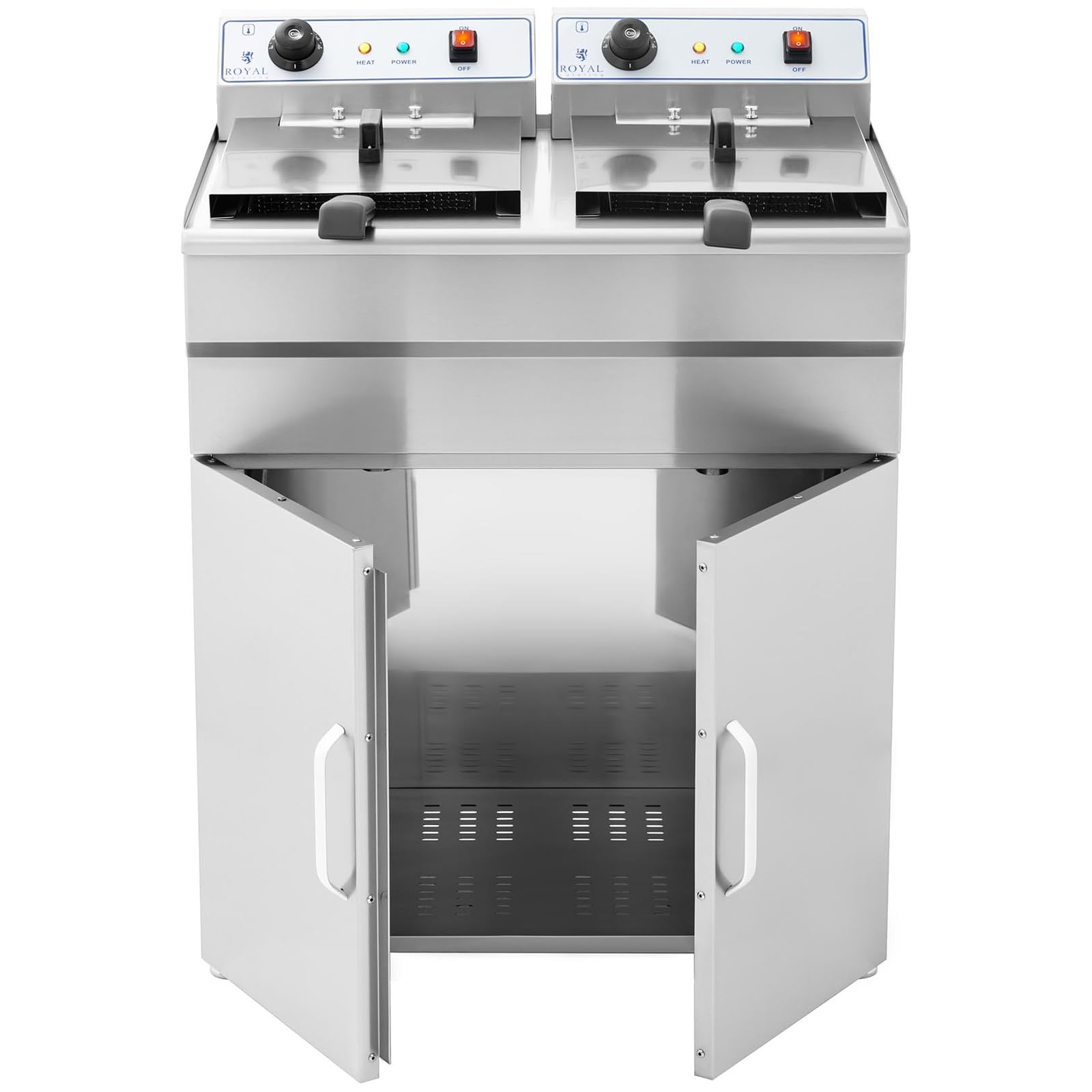 Royal Catering - RCKF-16D - Freidora eléctrica doble de 2 x 16 litros - con armario - 100% acero inoxidable - 2 x 6000 W - 400 V | Zona fría, grifo de drenaje, automático. Apagado, protección térmica, mango Cool Touch, 60 – 200 °C