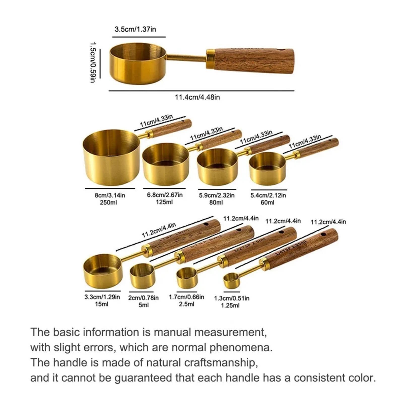 1/4/8Pcs Cucharas y tazas medidoras, mango de madera dorado