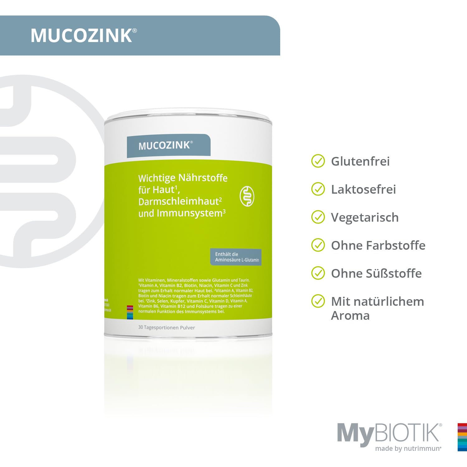 MUCOZINK® I made by nutrimmun I Für 30 Tage I Umfassender Mikronährstoffkomplex I Vitamine I Mineralstoffe I 2g L-Glutamin I Taurin I Pulver I Vegetarisch I Glutenfrei I Laktosefrei I Laborgeprüft