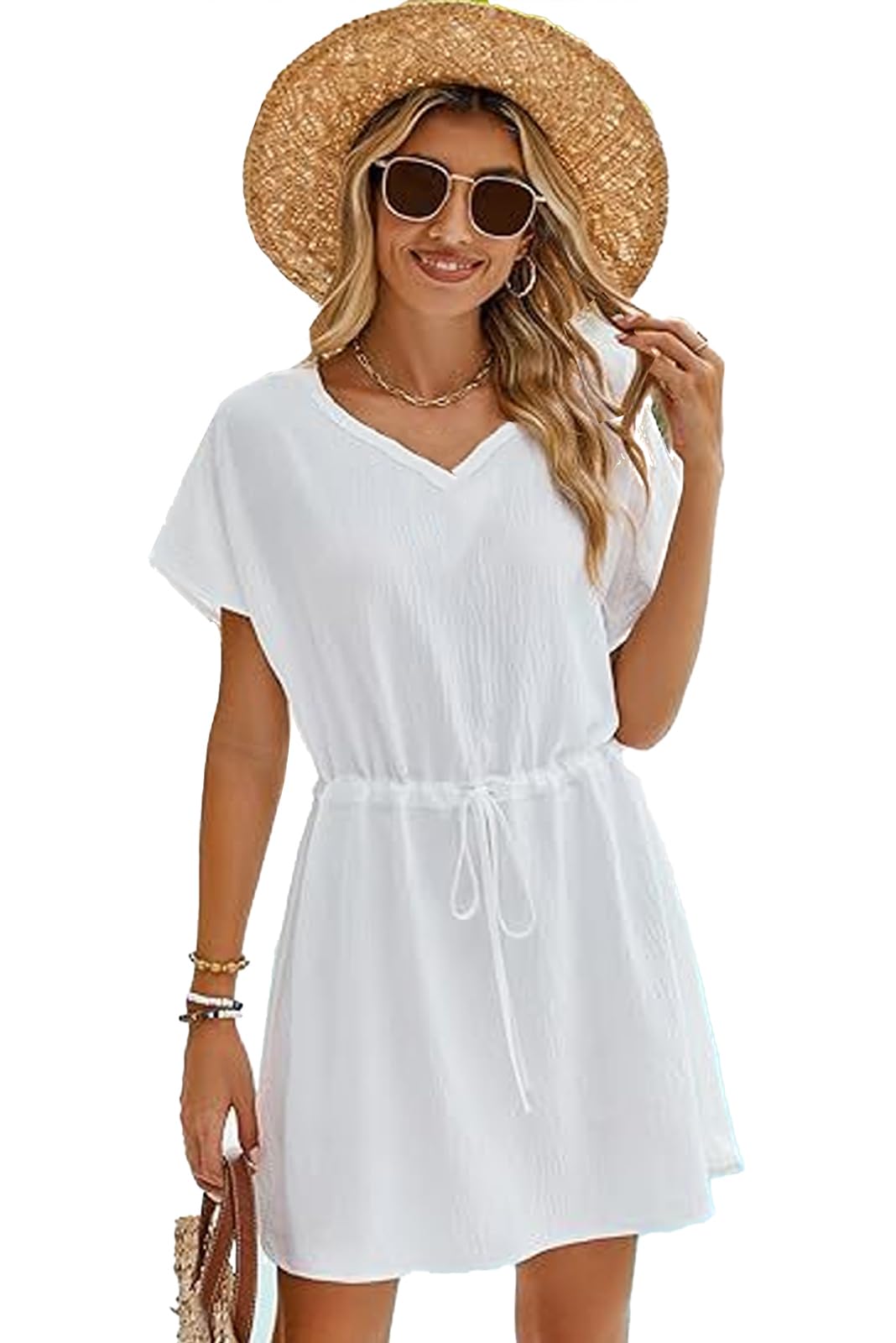 Robe de Plage Femme Maillot de Bain Bikini Cover Up Cache Maillot Manche Courte col en V Mousseline Robes ete Plage avec Ceinture Décontracté Bikini Couvrir Beach Vacation