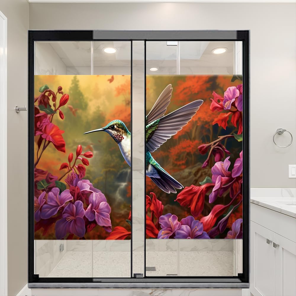 Colorful Floral Hummingbird Window Privacy Film Rustic Forest Nature Bird Stained Glass Window Film Decorative Window Cling for Home Window&Glass Door, Sun Blocking 27.6Wx47.2L-inch x2 Pcs