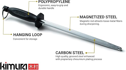 Miniatura 2 de Kimura Acero de afilado profesional, varilla de afilado de 10 pulgadas, afilador de cuchillos de acero al carbono, acero magnetizado, mango de