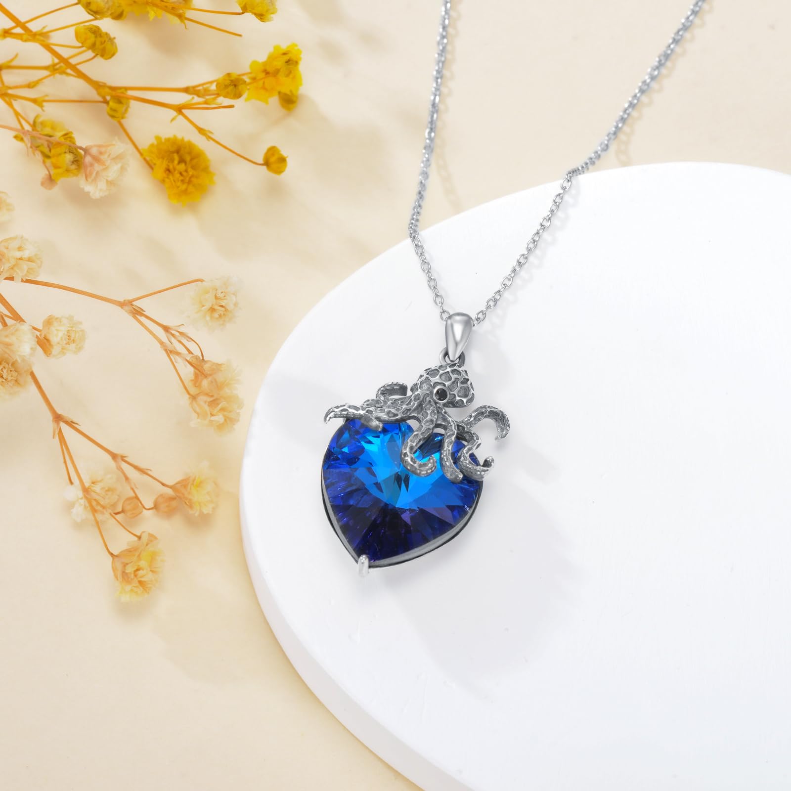 Plesitep Oktopus-Kristall-Halskette, 925er-Sterlingsilber, Oktopus-Anhänger, grün/blauer Kristallanhänger, Oktopus-Schmuck für Damen