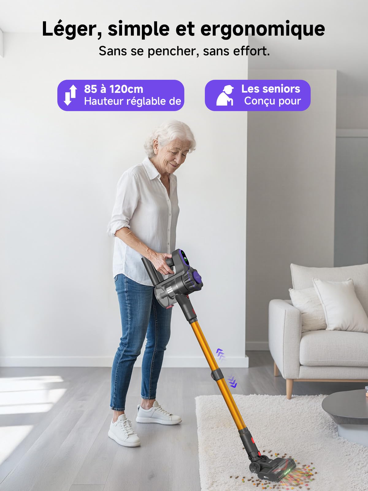 MONSGA Aspirateur Balai sans Fil, Léger et Puissant, GreenEye, 45KPa/50Min
