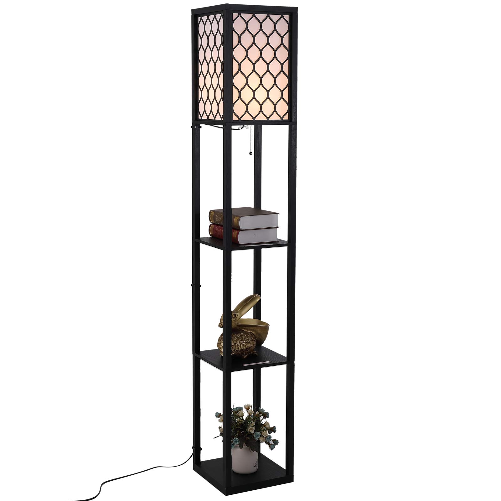 HOMCOM Modern Floor Lamp Light with 3 Shelves Fabric Lampshade Black
