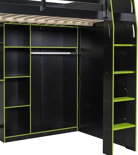 Miniatura 44 de Cama loft de madera para juegos de tamaño matrimonial con escritorio para computadora y luces RGB, cama para juegos, armario abierto integrado y