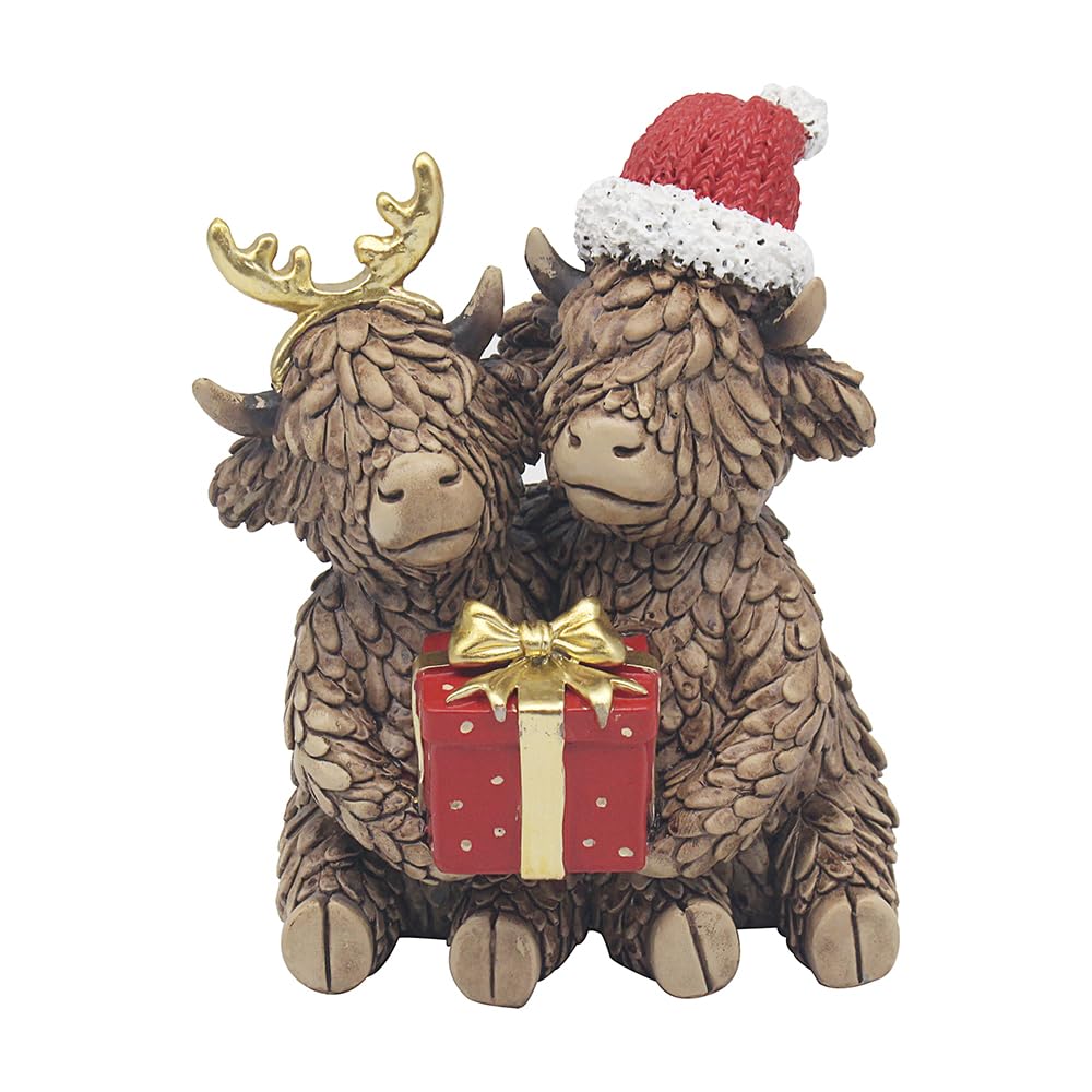Lesser & Pavey Bronze Christmas Highland Cow Couple With Present