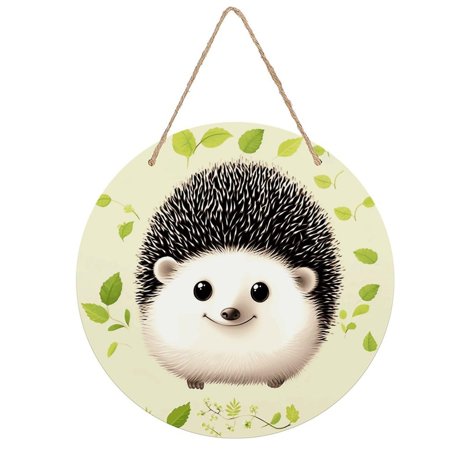 VstaDank Cute Hedgehog Wall Art Decor with Ropes Wooden Hanging Sign Hanging Wall Decor Artwork Round Wood Painting Modern Wall Prints Decor Picture for Office Bar Home Decors