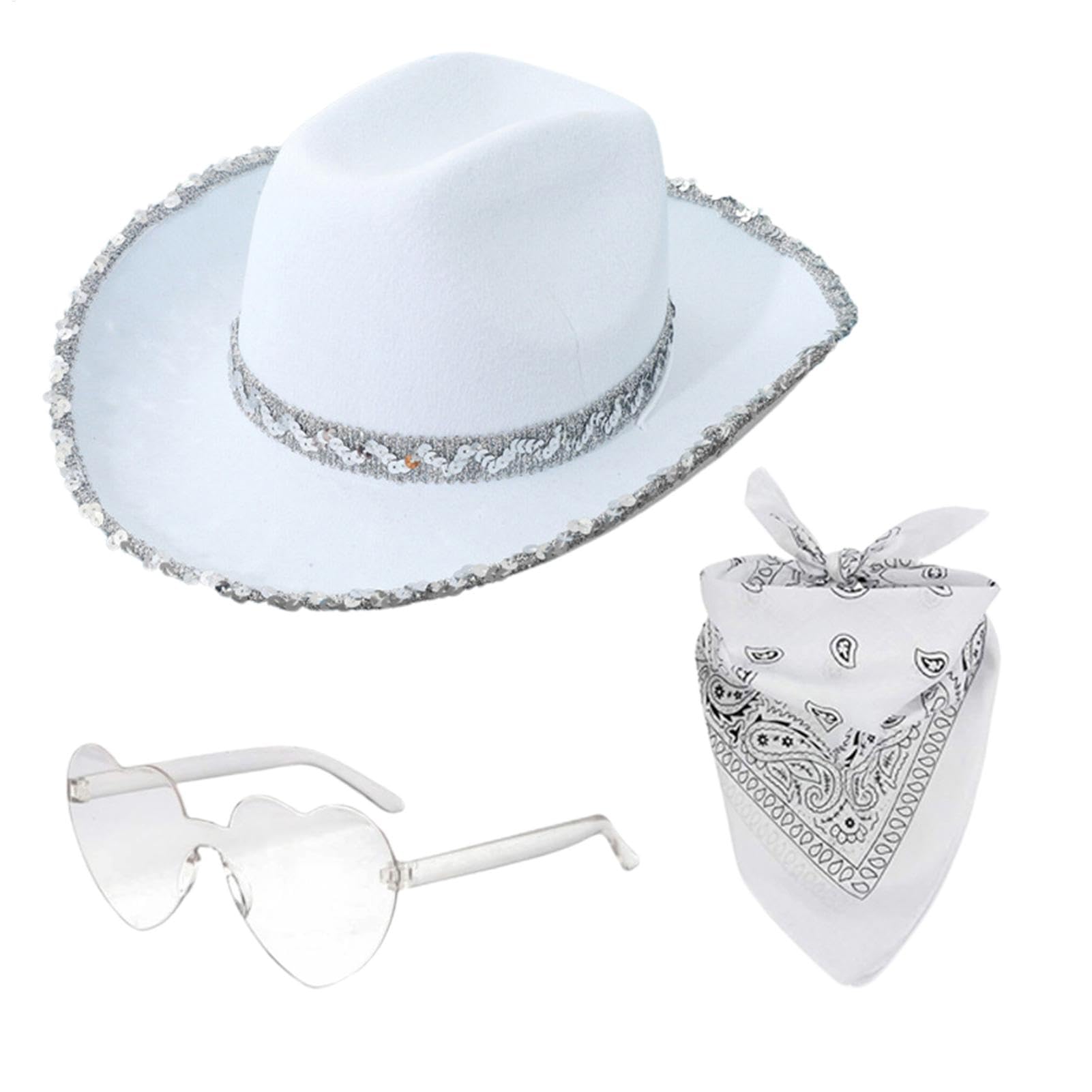 Cowboy Hat Women, Cowgirl Fancy Dress Women Accessories, Wide Brim Western Cowboy Cowgirl Hats with Heart Shaped Glasses and Bandana Scarf for Birthday Halloween Bachelorette Party Theme Party