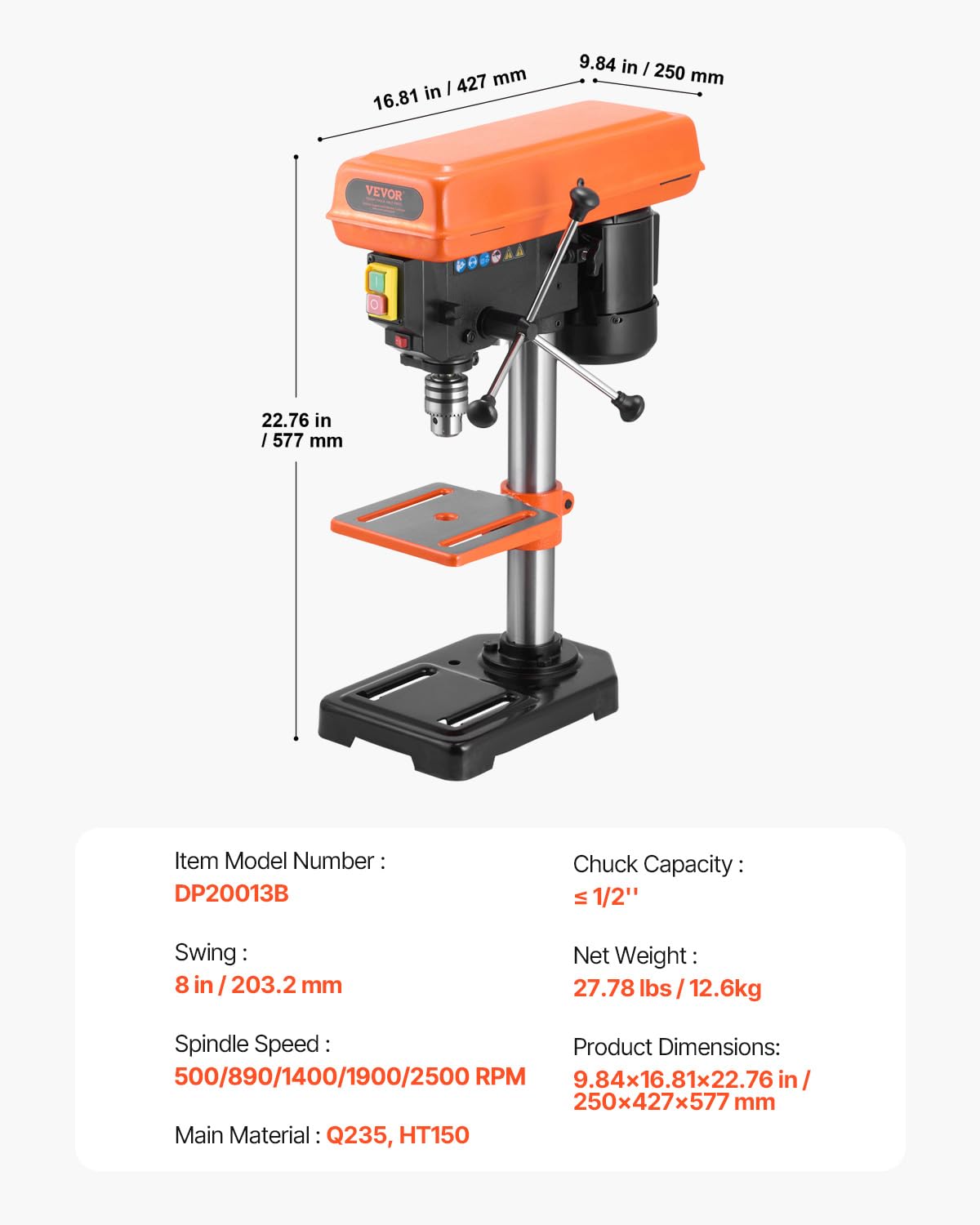 VEVOR Taladro de Banco de 203,2 mm, Motor de Inducción de 750 W, Velocidad Ajustable de 500/890/1400/1900/2500 RPM, Mesa de Trabajo Inclinable de 0 a 45°, Luz de Trabajo LED para Madera y Metal