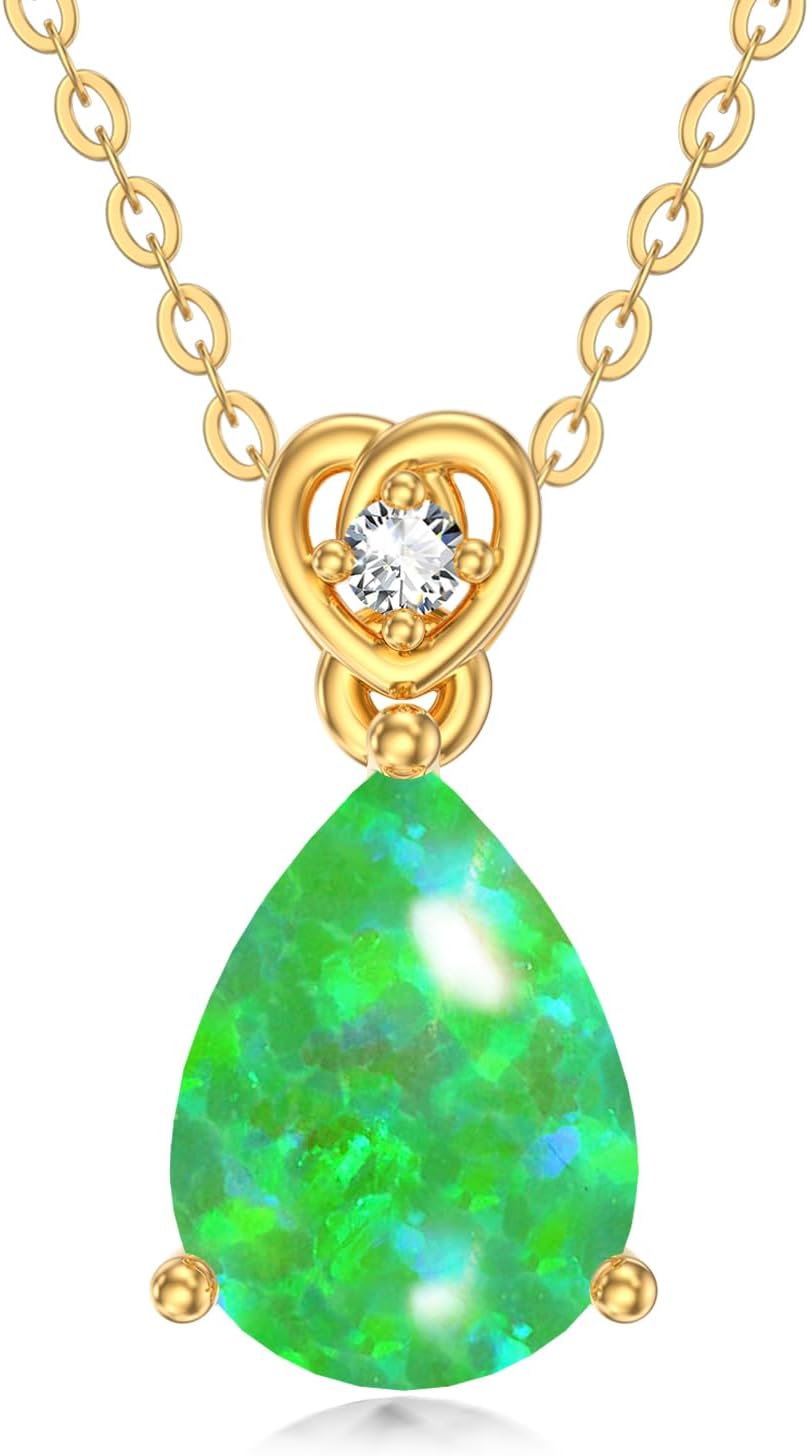 14k Yellow Gold Pear Opal Necklace for Women,2 Carat 7MM*9MM Teardrop Created October Birthstone Pendant Anniversary Birthday Mother's Day Christmas Necklaces for Her 16+2 inch