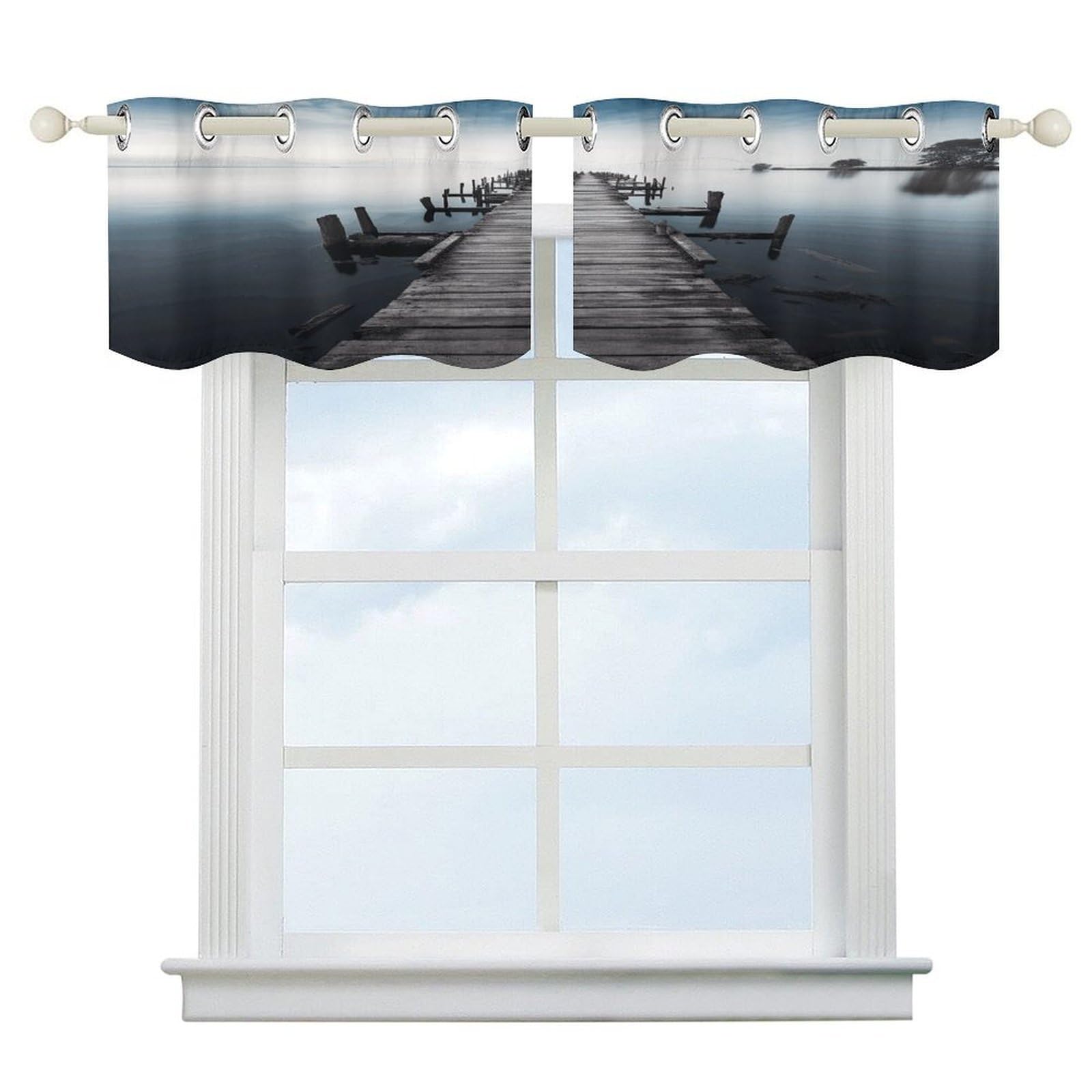 Fekiloot Style Old Wood Pier Above Calm Water Short Curtains Valance Curtain