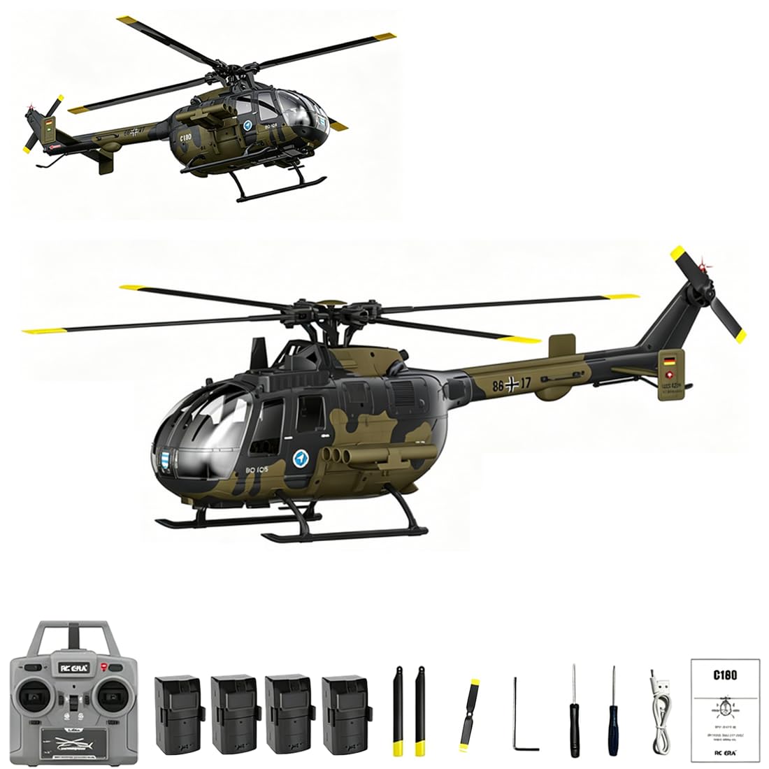RC ERA BO-105 C180 1:25 Scale 2,4GHz Einrotor RC Helikopter, 6-Achsen Gyro Fernsteuer-Hubschrauber RTF mit Optical Flow Positionierung, TOF Höhenhaltung & Brushless Motor, Camouflage, 4 Akkus