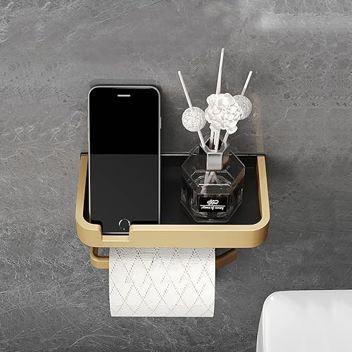 Rozzwild Toilet Paper Holder With Shelf Adhesive Wall Mounted No Drill Aluminium Alloy Stainless & Rustproof Toilet Paper Roll Dispenser Bathroom Organizer Storage Rack Matte Black Gold #TOP6