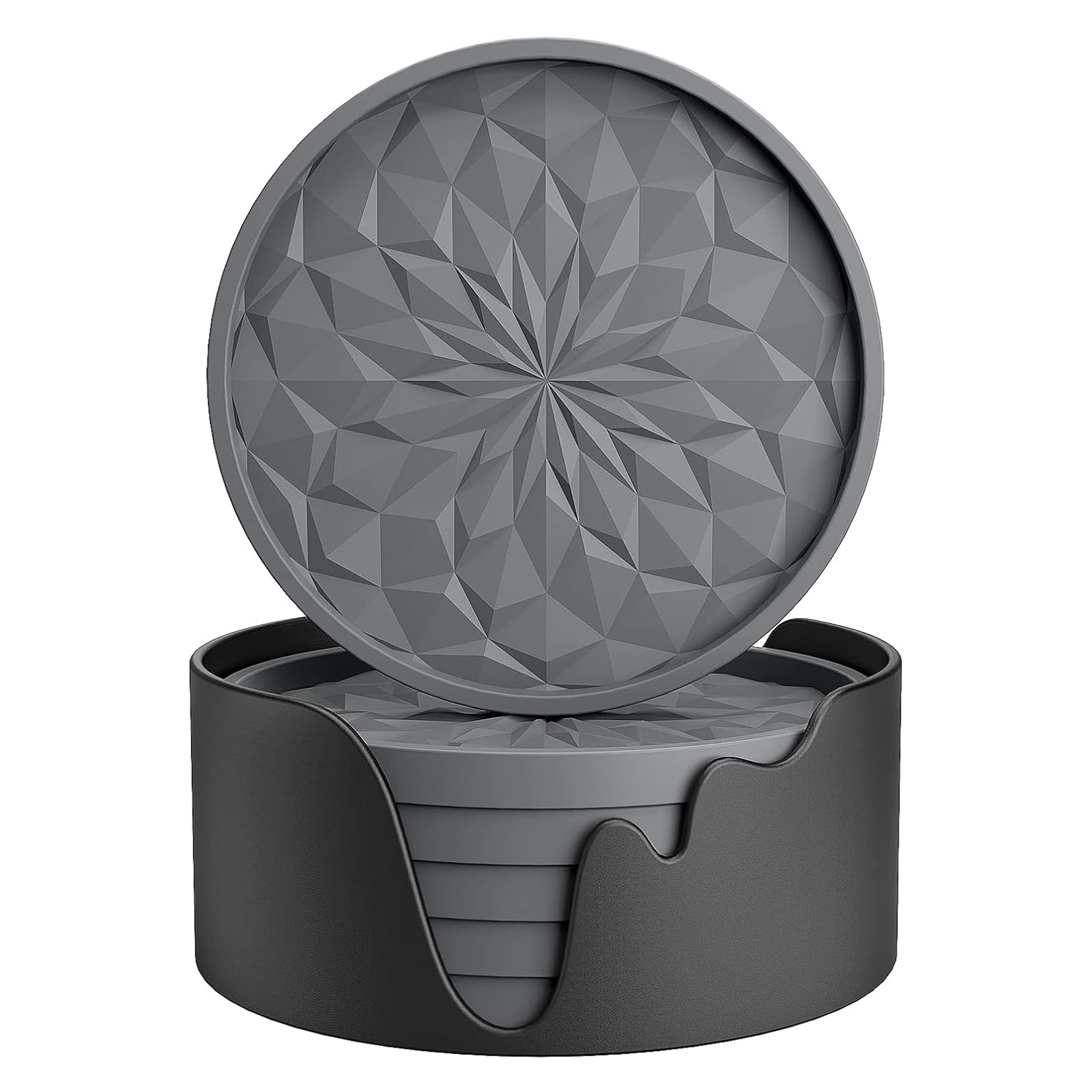 Silicone Coasters Set of 6 with Holder - Thickened Non-Slip Drink Coasters for Hot & Cold Drinks, Deep Tray Cup Mat for Table Protection, Dark Grey