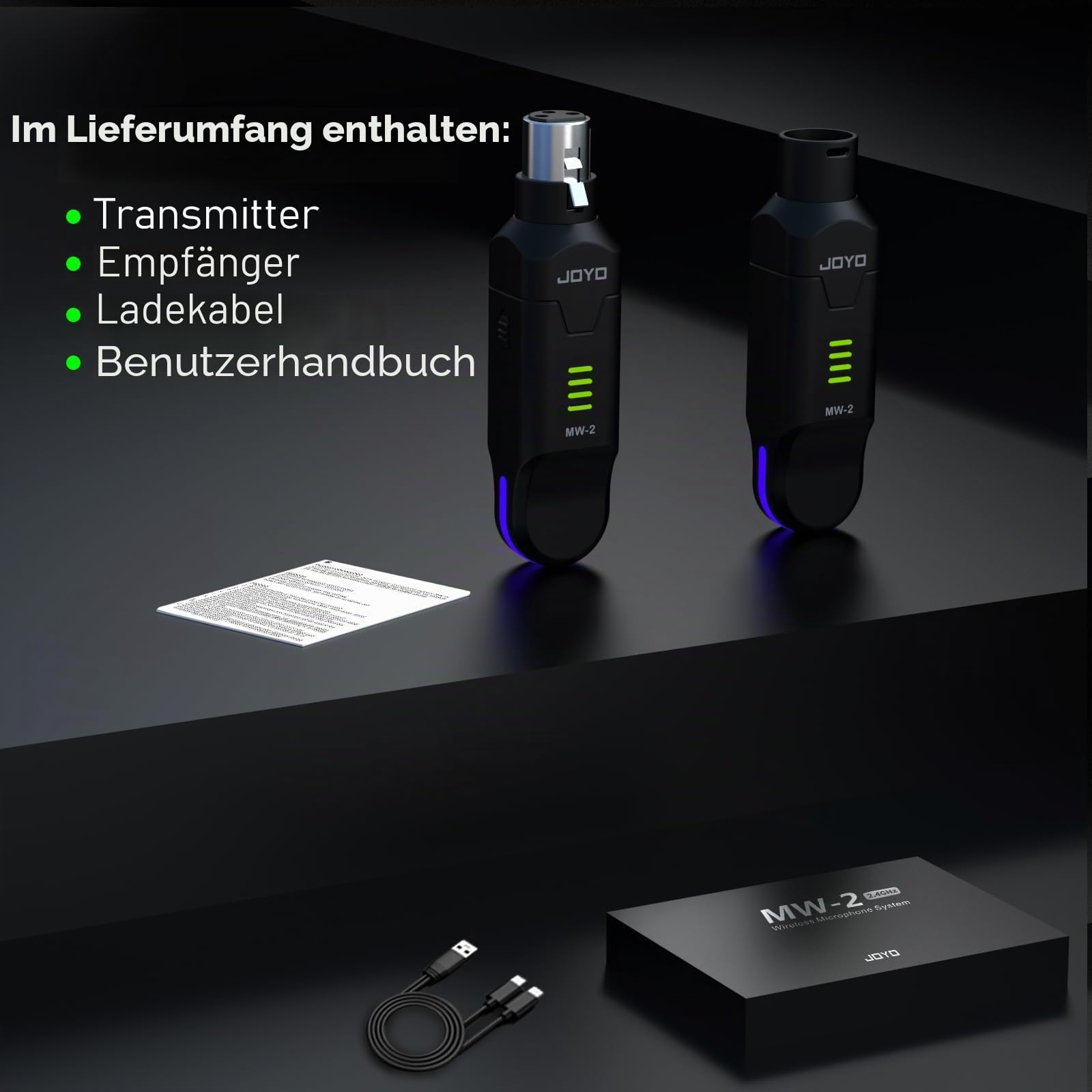 JOYO Kabelloses Mikrofonsystem, 2,4 GHz, 4 Kanäle, XLR-Sender/Empfänger für dynamisches Mikrofon/Phantom, Adapter für Sono, Mixer, Audio, Kirche, Studio (MW-2)