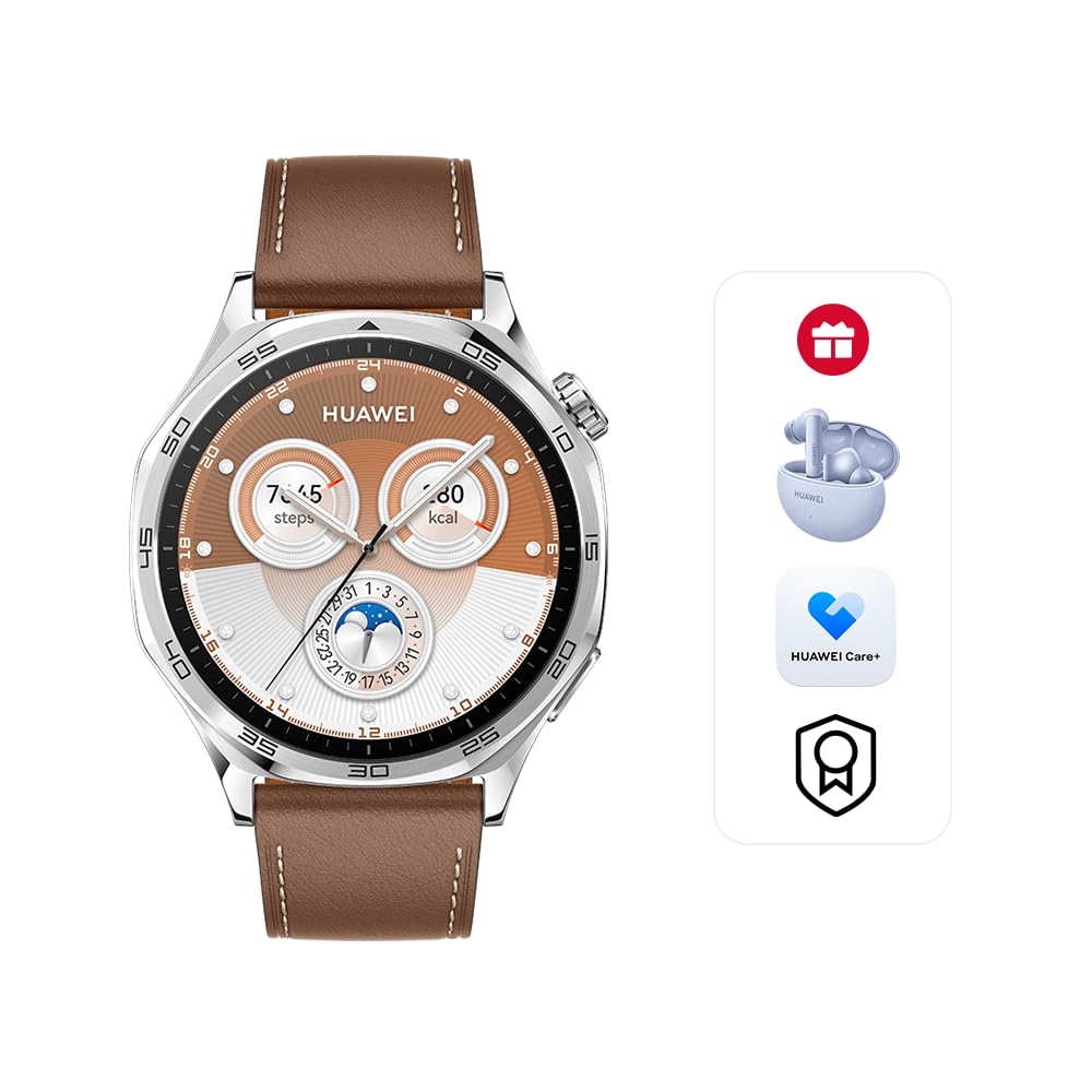 HUAWEI WATCH GT5 46mm Smartwatch, upto14 Days Battery Life,Sharp-Edged Design, iOS & Android Compatible, HUAWEI Care+, 3 Month Extra warranty, Brown + Gifts