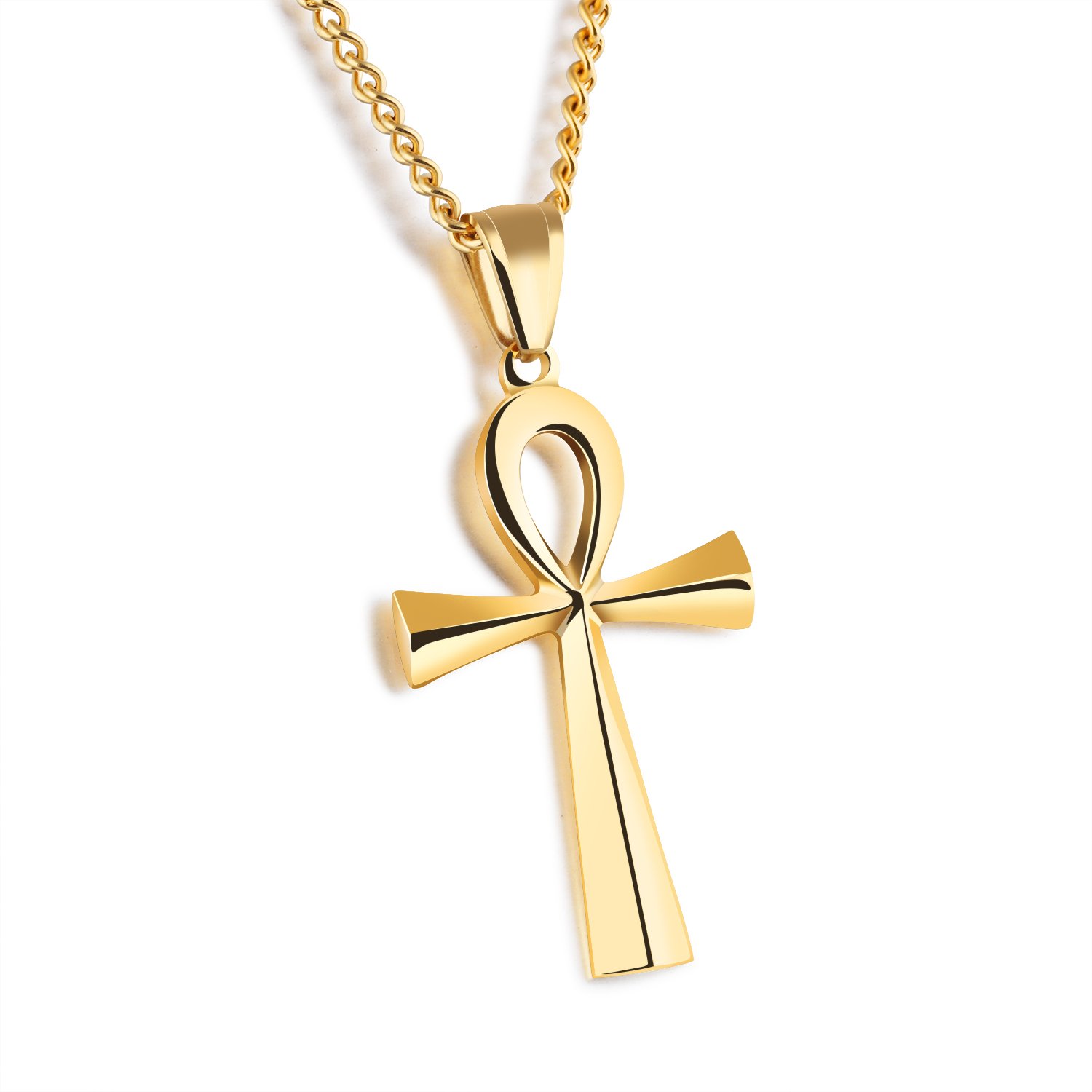 25x43mm Hieroglyph Jewelry Meaning Life Egyptian Ankh Pendants Necklace in Stainless Steel (Gold-Plated-Base)