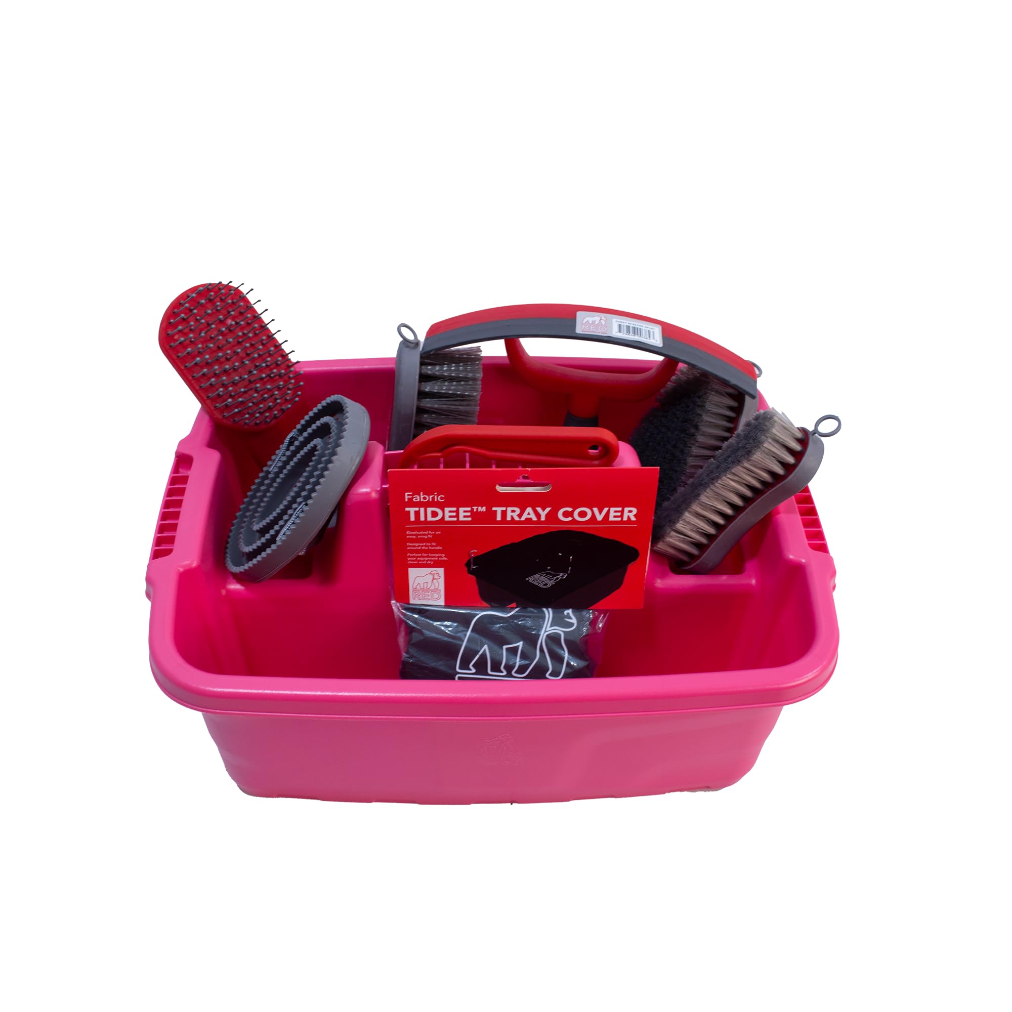 Red Gorilla Horse Grooming Kit 9 Piece Equestrian Care Gift Set 4 Brushes Sweat Scraper Curry Comb Hoof Pick Red Tray and Waterproof Cover (Pink)