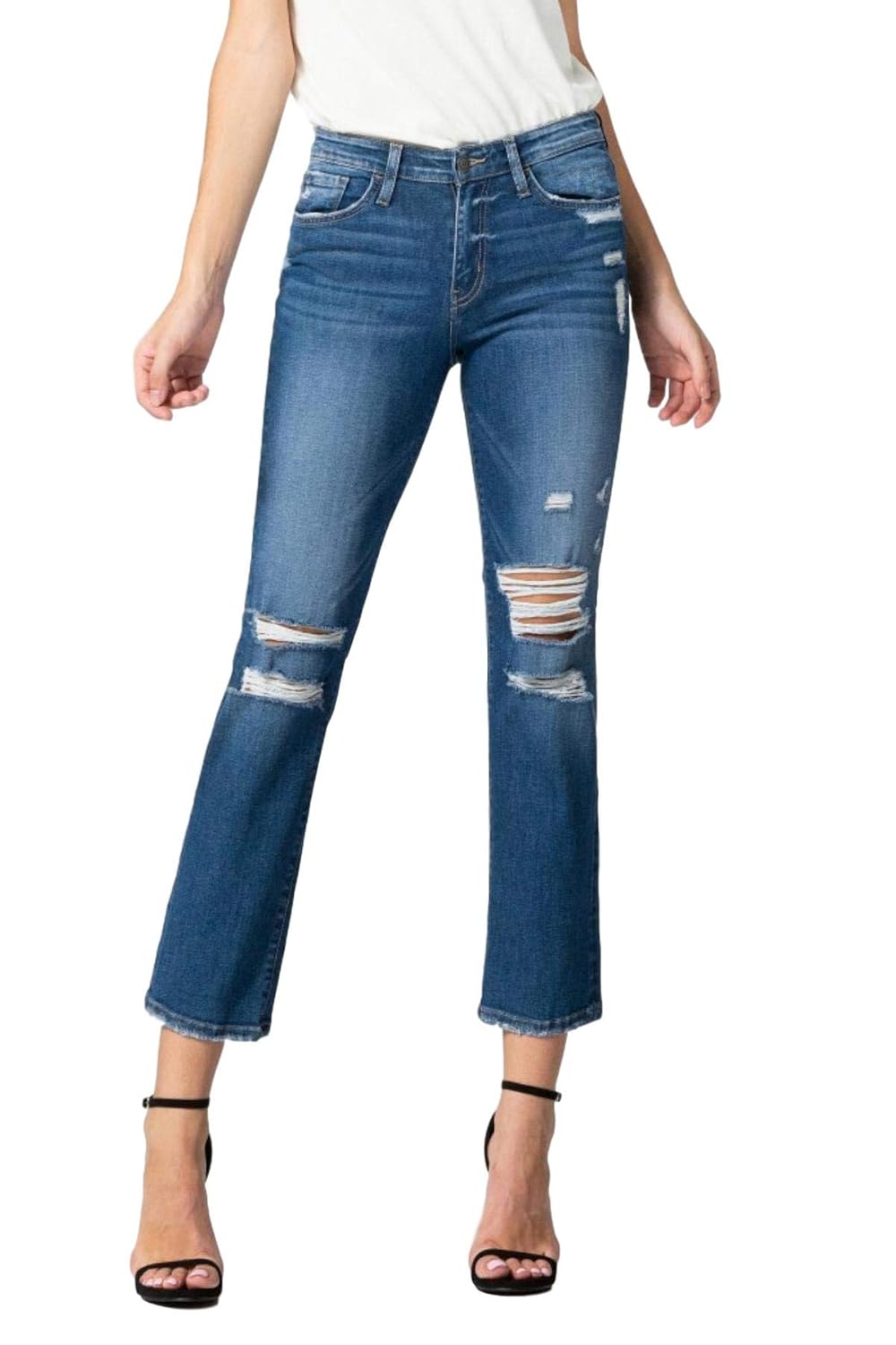 Distressed Mid Rise Crop Straight Leg 