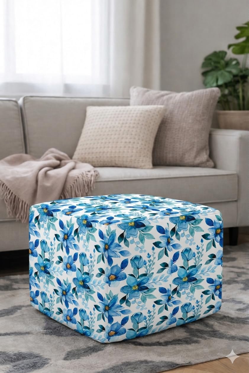 Pouffe Cover for 16x24x18 Inch Top Blue Floral Ivory Full Coverage, Boho Bohemian Scandinavian Slipcover, Square Footstool Floor Cushion Pouf Cover, Machine Washable, THROWPILLOW-image-5