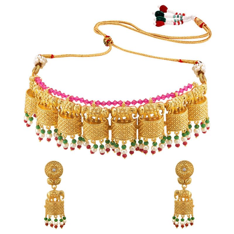 Aheli Elegante tono oro realizzato etnico festivo festa di nozze indossare collana girocollo Jhumki orecchini set per donne indiane gioielli di moda tradizionali, Metallo