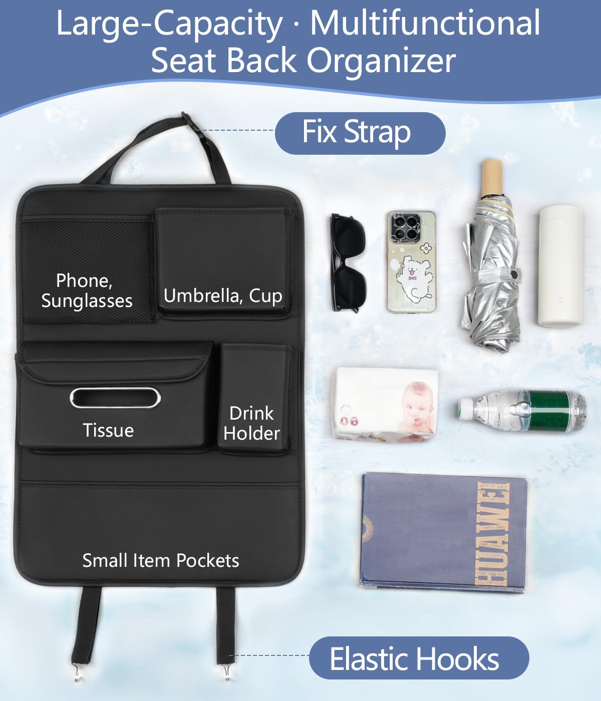Orgainzer per sedile posteriore con porta fazzoletti, organizer per interni auto per telefono, occhiali da sole, caricabatterie per tazze, ombrelli, cuscinetto di protezione antisporco per