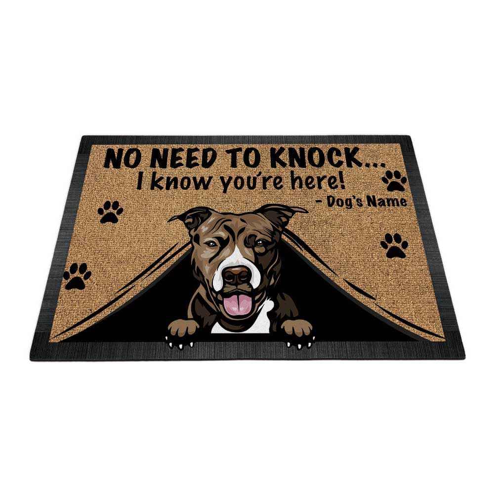 MALIHONG Personalized Doormat Lovely Peeking Dog Pit Bull No Need to Knock I Konw You're Here 27.5 x 17.7 Inch
